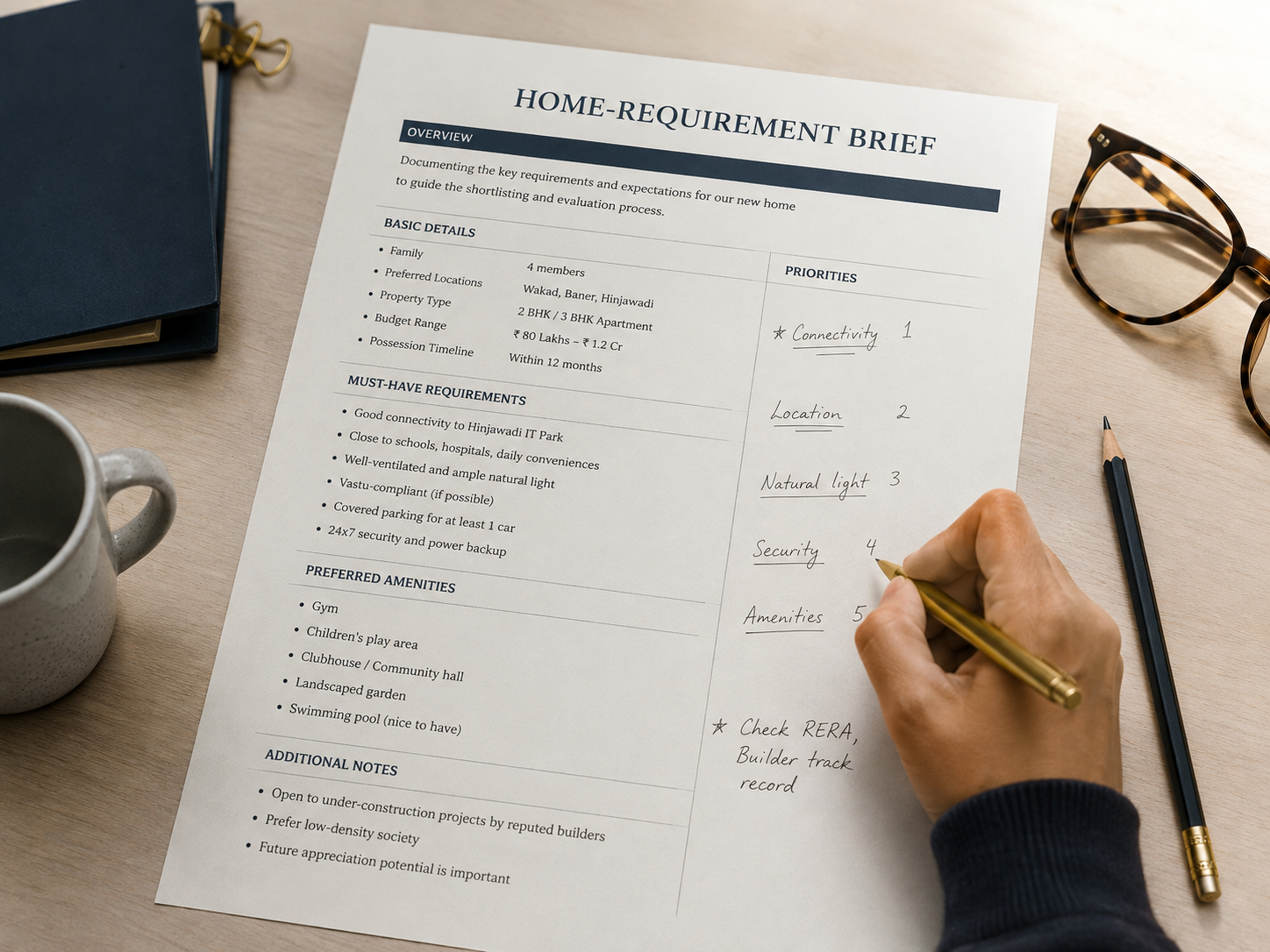A buyer's requirement brief with location, budget and deal-breakers marked up
