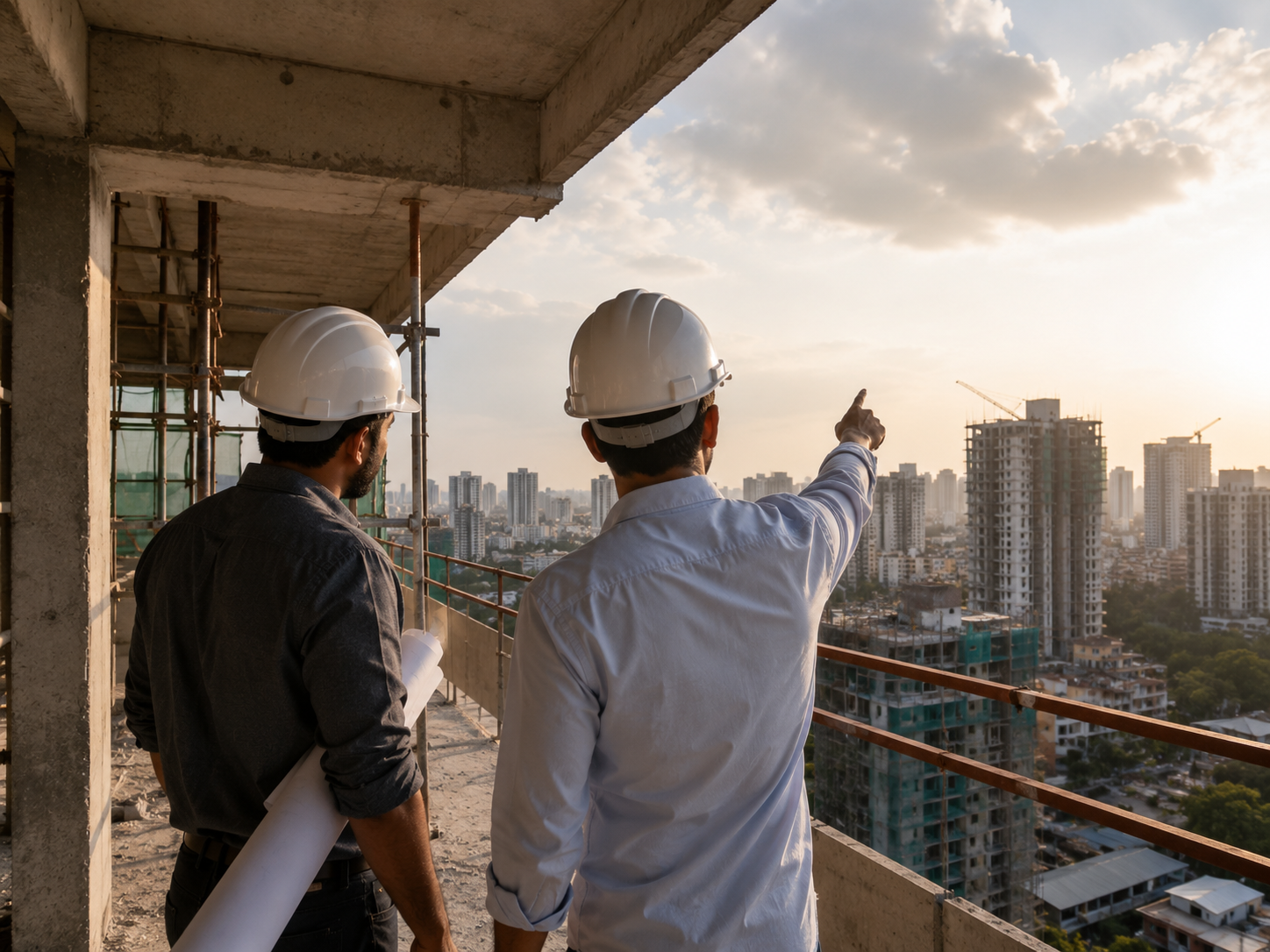 Property Engineer analyst assessing a construction site with a buyer