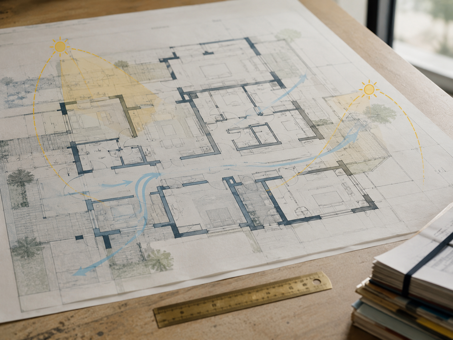 Annotated floor plan highlighting ventilation, carpet efficiency and layout risks